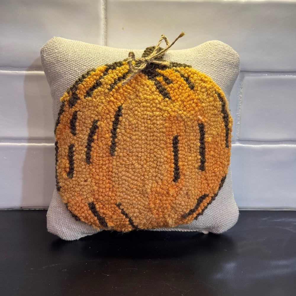 Handmade Pumpkin Punch Needle Pillow Small Orange Fall Farmhouse Decor